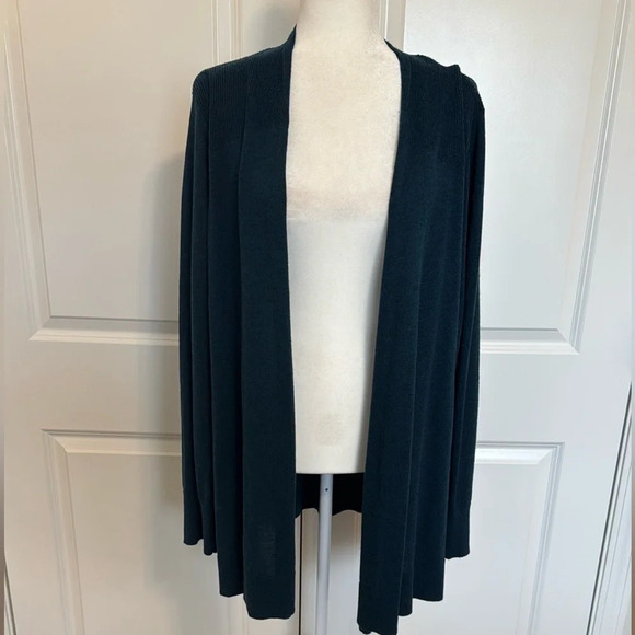 Loft Ribbed Yoke Open Long Cardigan Size XL Teal Green Blue Lightweight - Picture 7 of 7